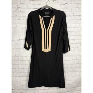 Duffield Lane Black Tan Trim Tunic Dress 3/4 Sleeve Casual Large